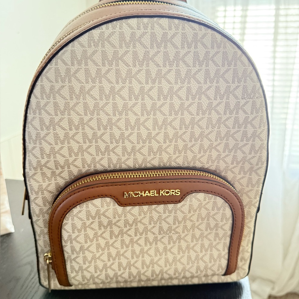 Michael Kors Cream and Brown Logo Backpack